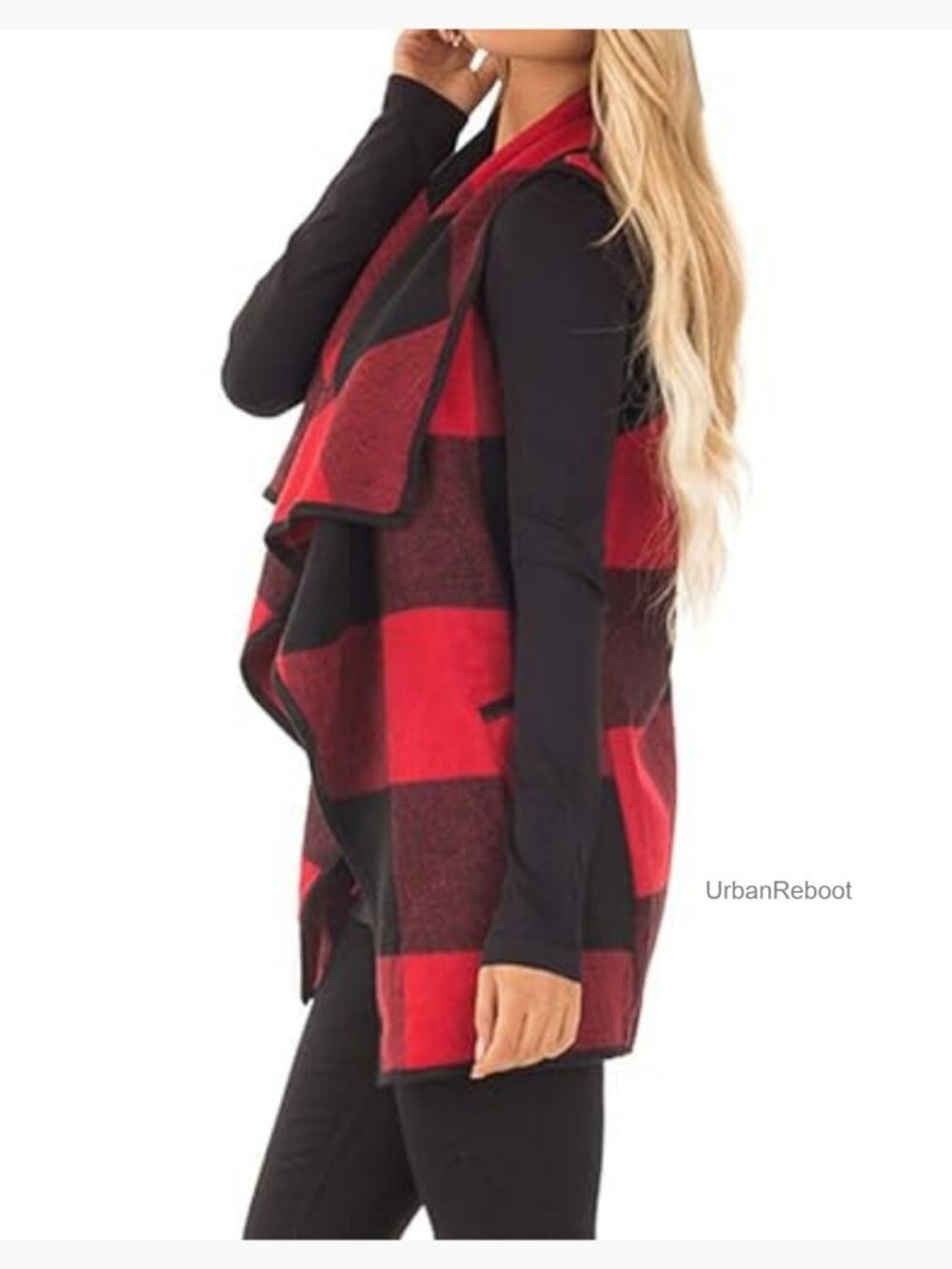 Women's Buffalo Plaid Sleeveless Open Front Vest Cardigan with Pockets - Picture 2 of 7